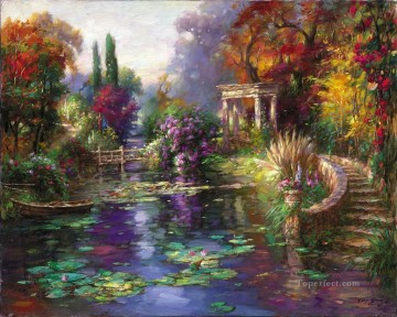 Landscapes Painting - Garden Pond landscape flowers